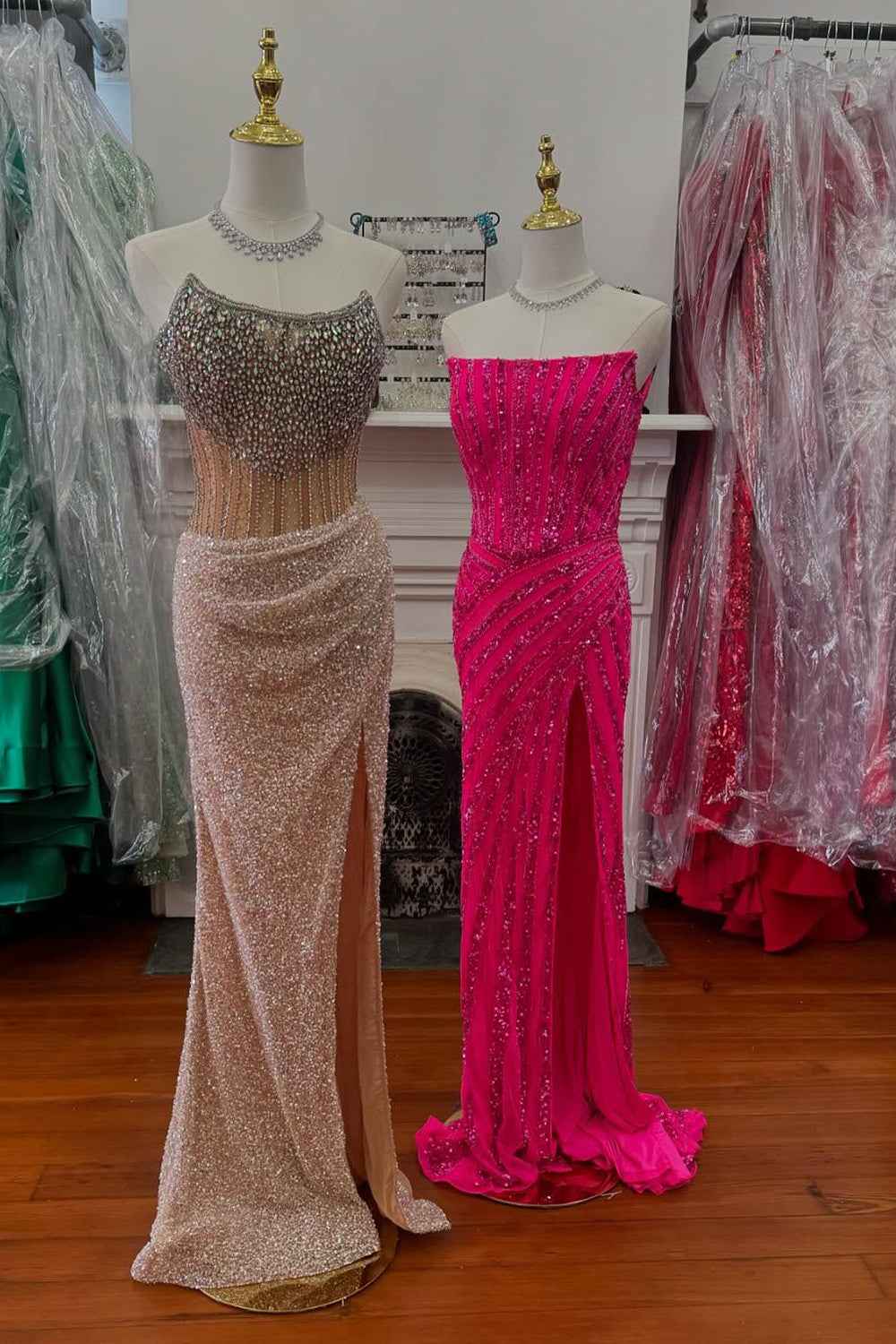 Sparkly Champagne Strapless Sequins Bodycon Long Corset Prom Dress with Beading