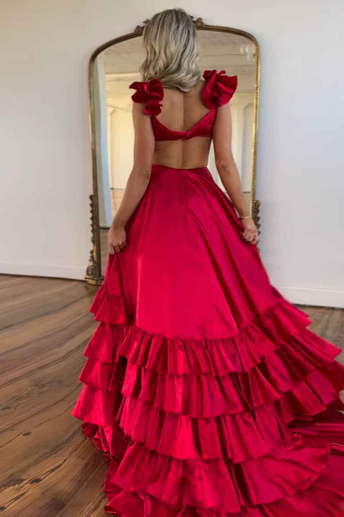 Red V-Neck A-Line Satin Tiered Long Prom Dress with Ruffles BMBRIDE