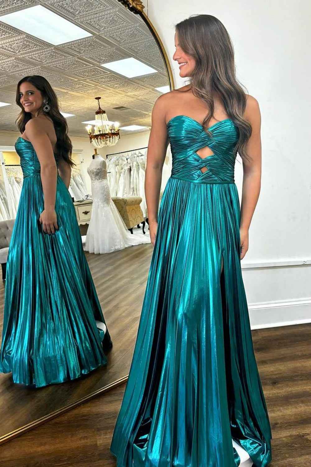 Purple Metallic Sweetheart A-Line Pleated Prom Dress with Slit