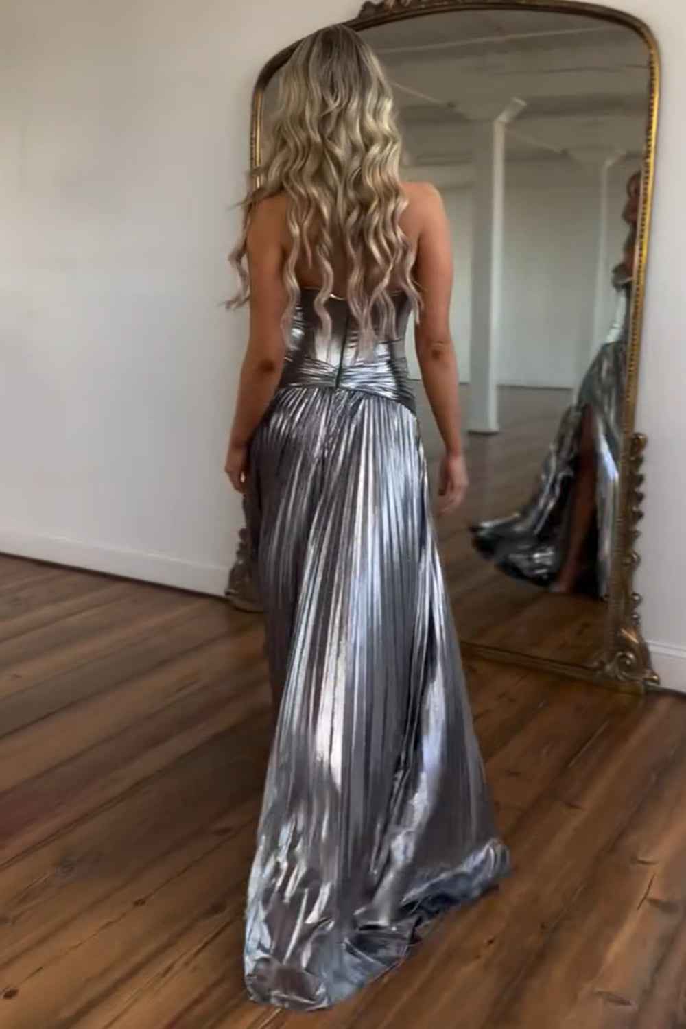 Golden Sweetheart A-Line Metallic Pleated Long Corset Prom Dress with Slit
