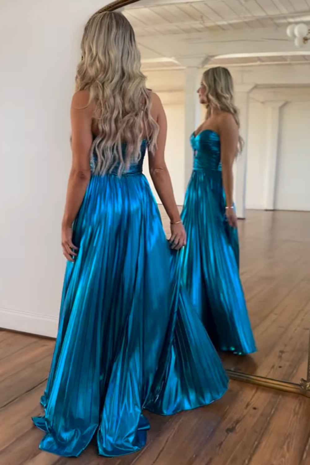 Golden Sweetheart A-Line Metallic Pleated Long Corset Prom Dress with Slit