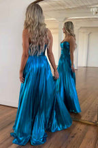 Golden Sweetheart A-Line Metallic Pleated Long Corset Prom Dress with Slit
