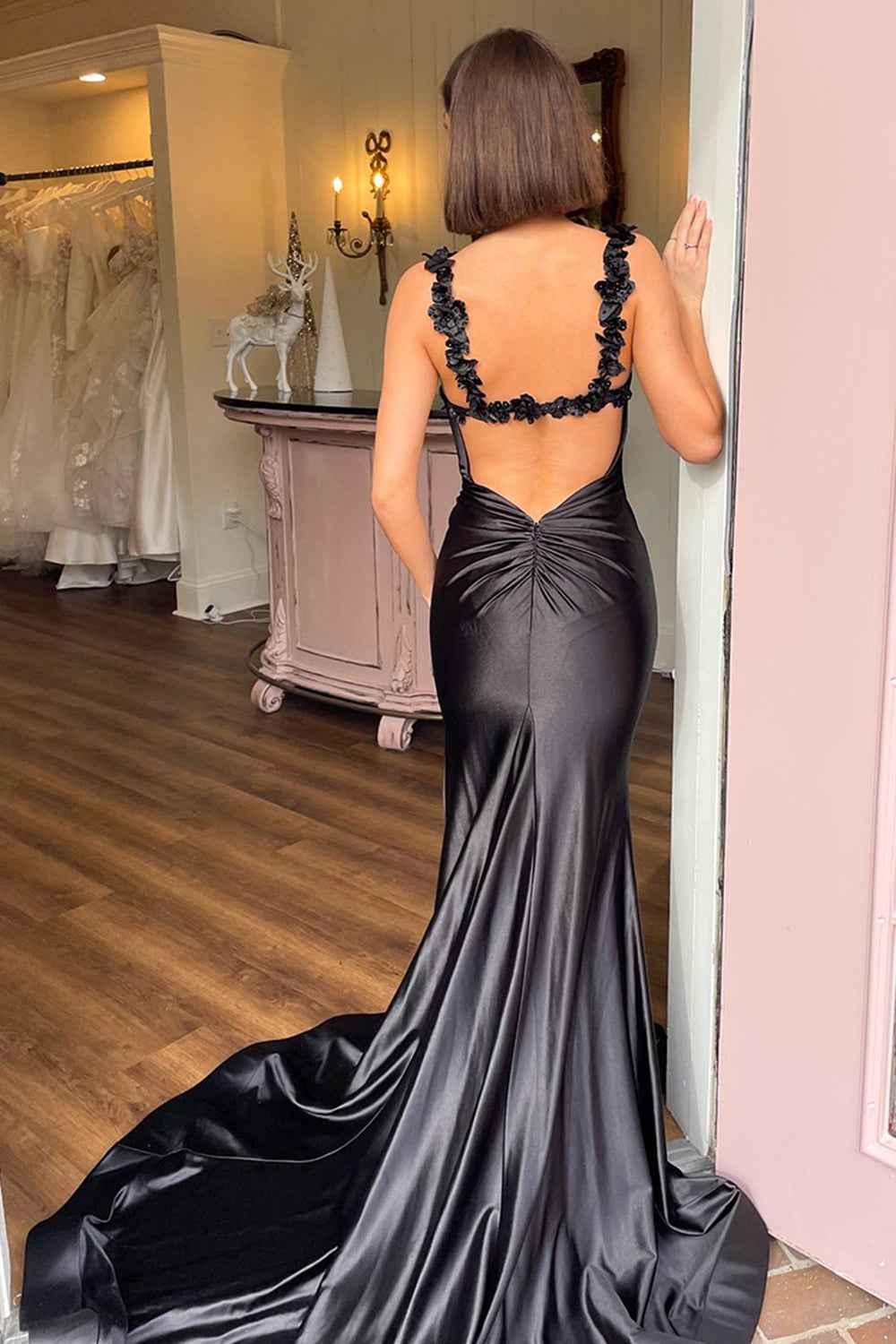 Red Spaghetti Straps Mermaid Satin Backless Long Prom Dress with Slit