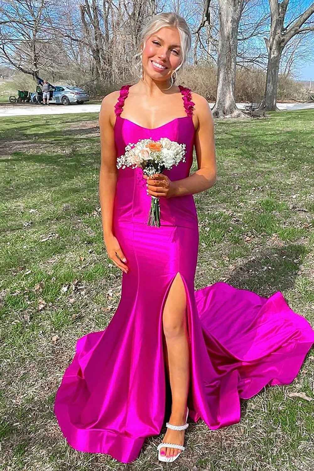 Red Spaghetti Straps Mermaid Satin Backless Long Prom Dress with Slit