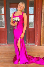 Red Spaghetti Straps Mermaid Satin Backless Long Prom Dress with Slit