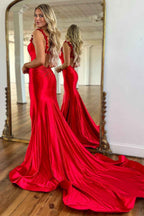 Red Spaghetti Straps Mermaid Satin Backless Long Prom Dress with Slit
