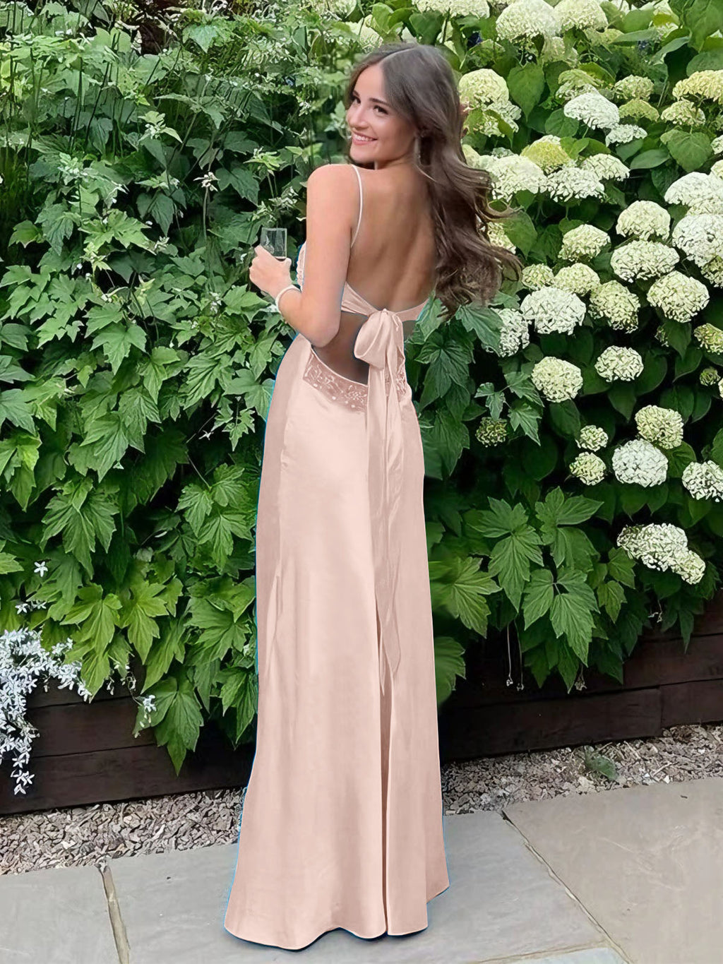 Blue A Line V-neck Beaded Back Tie Long Prom Dress
