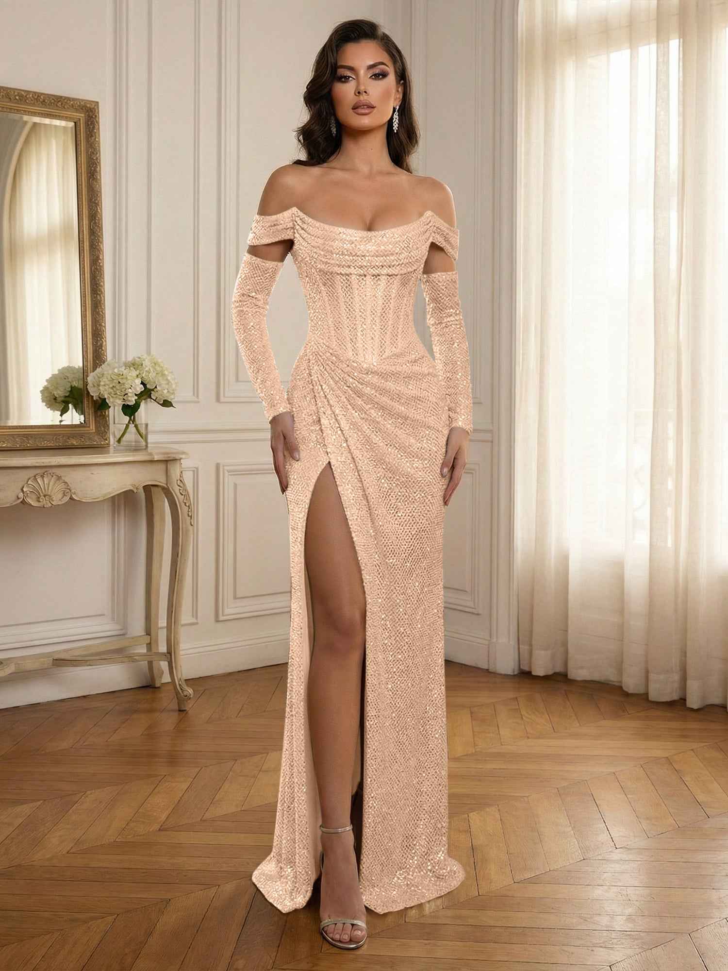 Glamorous Sequined Off-Shoulder Corset Bodice Long Prom Dress with High Slit