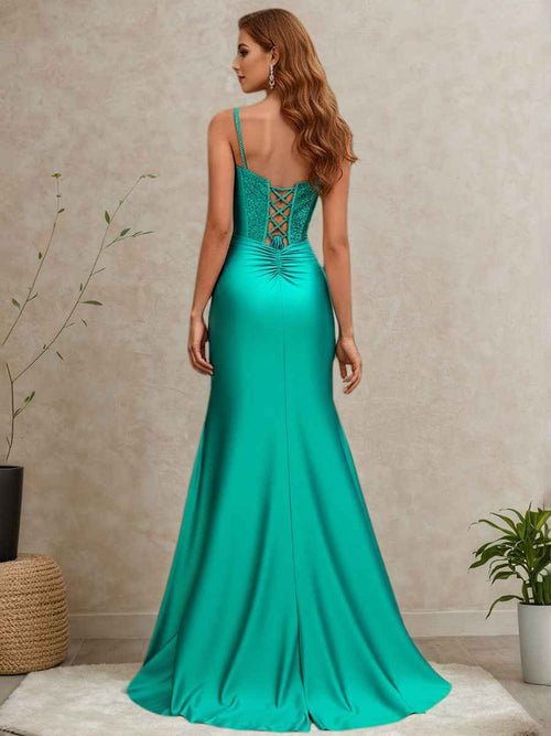 Peacock Beaded Corset Ruched Mermaid Prom Dress with Slit BMBRIDE