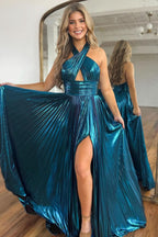 Stylish Peacock Blue Halter Neck A-Line Long Prom Dress Featuring a Flattering Split BM bride