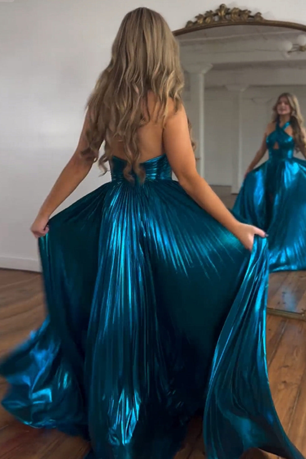 Stylish Peacock Blue Halter Neck A-Line Long Prom Dress Featuring a Flattering Split BM bride