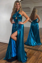 Stylish Peacock Blue Halter Neck A-Line Long Prom Dress Featuring a Flattering Split BM bride