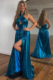 Stylish Peacock Blue Halter Neck A-Line Long Prom Dress Featuring a Flattering Split BM bride