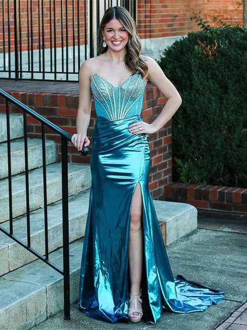 Peacock Blue Mermaid Sweetheart Beaded Long Prom Dress with Slit BMBRIDE