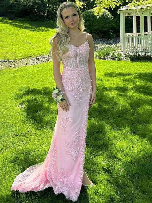 Pink Mermaid Spaghetti Straps Appliques Long Prom Dress with Train BMBRIDE