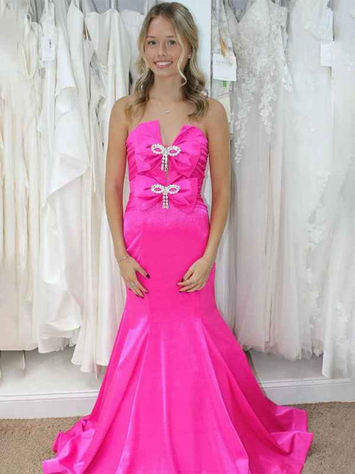 Pink Mermaid Strapless Satin Pleated Long Prom Dress with Bow BMBRIDE