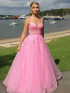 Pink A-Line V-Neck Spaghetti Straps Long Prom Dress with Appliques