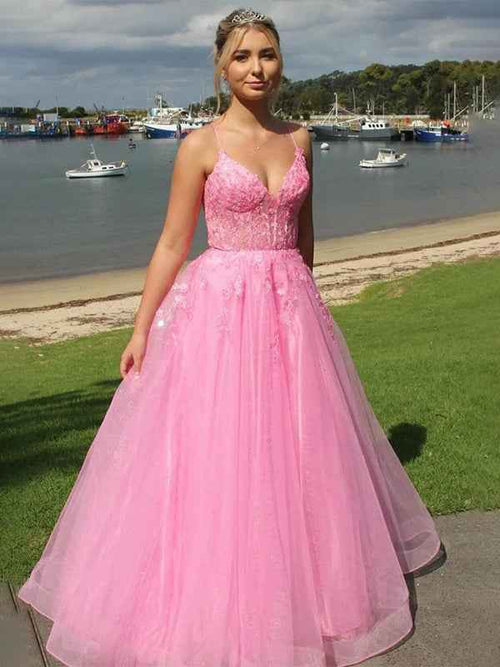 Pink A-Line V-Neck Spaghetti Straps Long Prom Dress with Appliques BMBRIDE