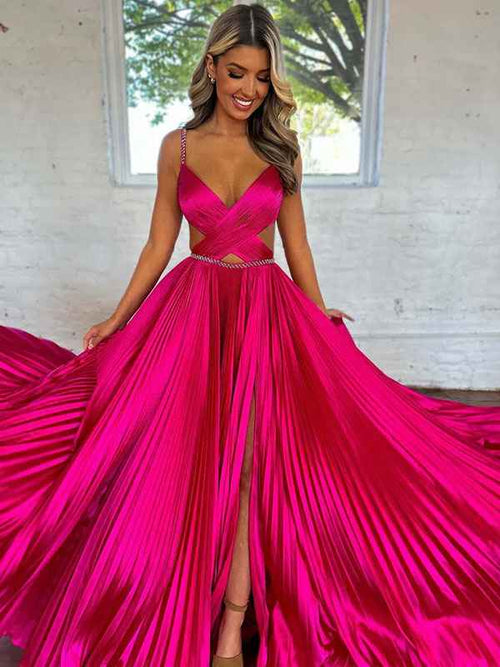 Pink A Line Pleated Cutout Open Back Prom Dress with Slit BMBRIDE
