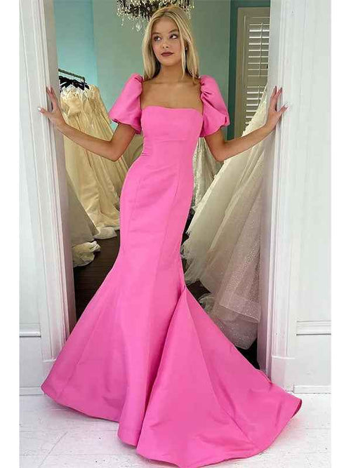 Pink Mermaid Short Sleeves Satin Long Prom Dress BMBRIDE
