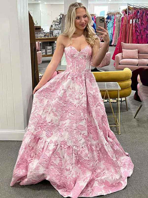Pink A Line Sweetheart Floral Strapless Long Prom Dress BMBRIDE
