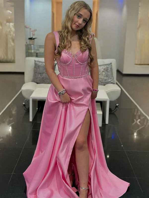 Pink A-Line V-Neck Satin Pleated Long Prom Dress with Slit BMBRIDE