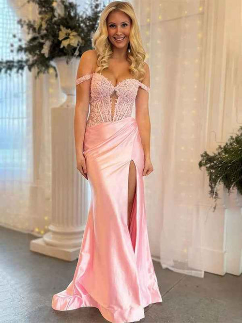 Pink Mermaid Off-Shoulder Sweetheart Appliques Pleated Prom Dress with Slit BMBRIDE