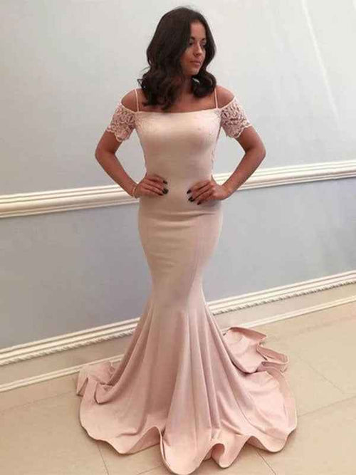 Pink Mermaid Cold Shoulder Satin Long Prom Dress with Train BMBRIDE