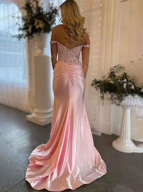 Pink Mermaid Off-Shoulder Sweetheart Appliques Pleated Prom Dress with Slit BMBRIDE