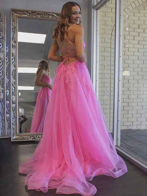 Pink A-Line V-Neck Spaghetti Straps Long Prom Dress with Appliques BMBRIDE