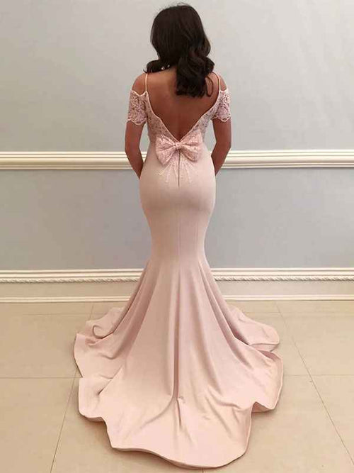 Pink Mermaid Cold Shoulder Satin Long Prom Dress with Train BMBRIDE