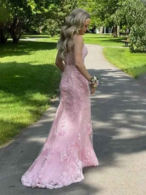 Pink Mermaid Spaghetti Straps Appliques Long Prom Dress with Train BMBRIDE