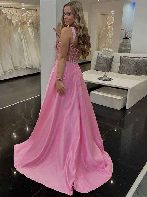 Pink A-Line V-Neck Satin Pleated Long Prom Dress with Slit BMBRIDE