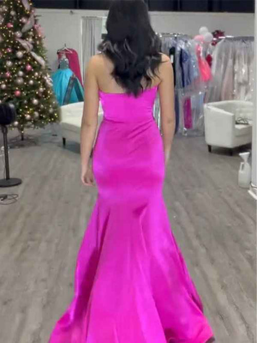 Pink Mermaid Strapless Satin Pleated Long Prom Dress with Bow BMBRIDE