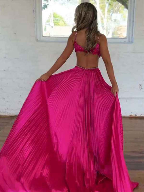 Pink A Line Pleated Cutout Open Back Prom Dress with Slit BMBRIDE