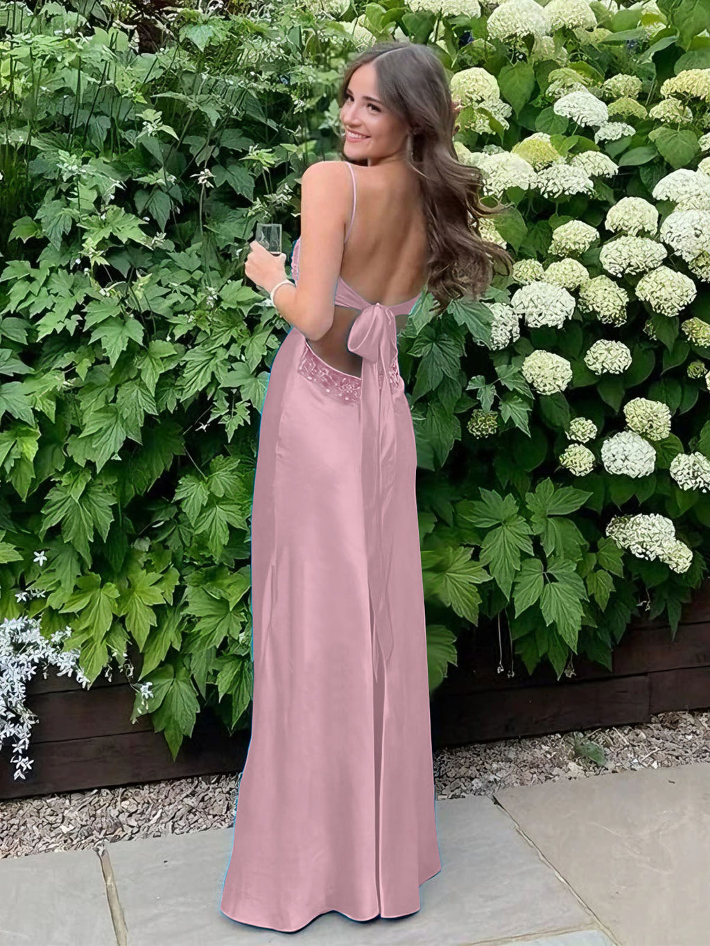 Blue A Line V-neck Beaded Back Tie Long Prom Dress