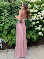 Blue A Line V-neck Beaded Back Tie Long Prom Dress