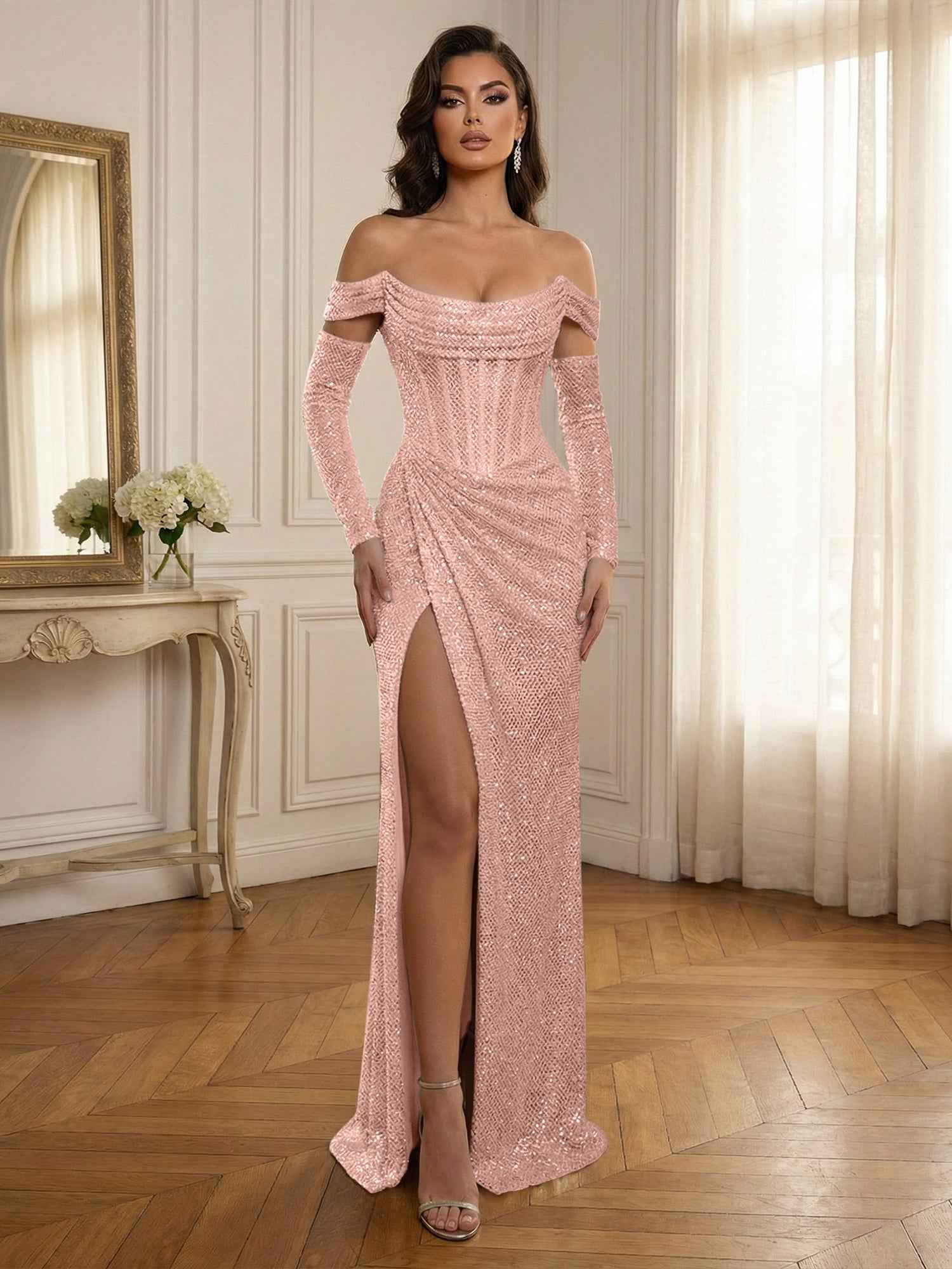 Glamorous Sequined Off-Shoulder Corset Bodice Long Prom Dress with High Slit
