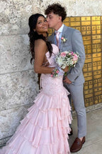 Sparkly Lilac Lace Appliques Sheath Tiered Long Chiffon Prom Dress with Slit