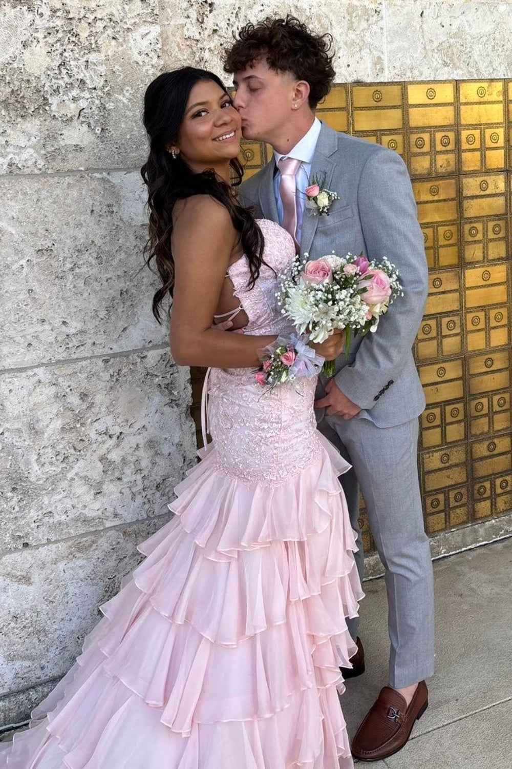 Sparkly Lilac Lace Appliques Sheath Tiered Long Chiffon Prom Dress with Slit
