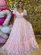 Pink 3D Floral Corset Prom Dress with Puffy Sleeves