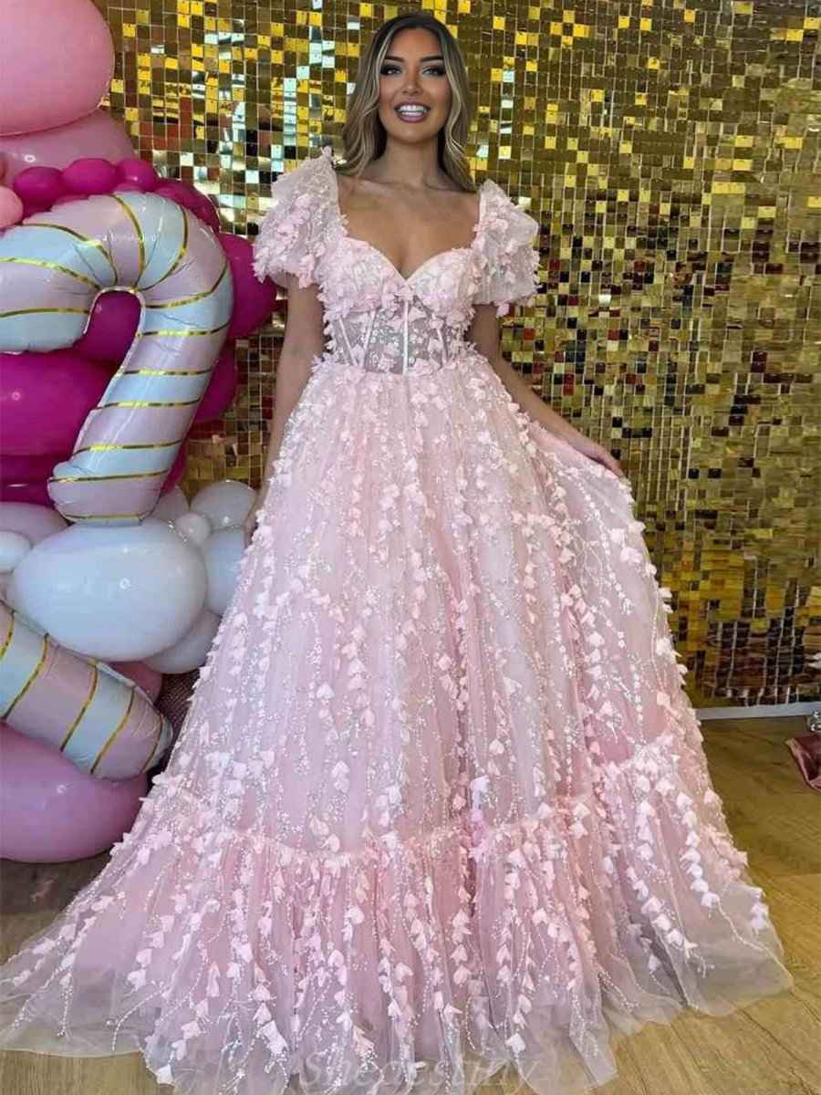Pink 3D Floral Corset Prom Dress with Puffy Sleeves