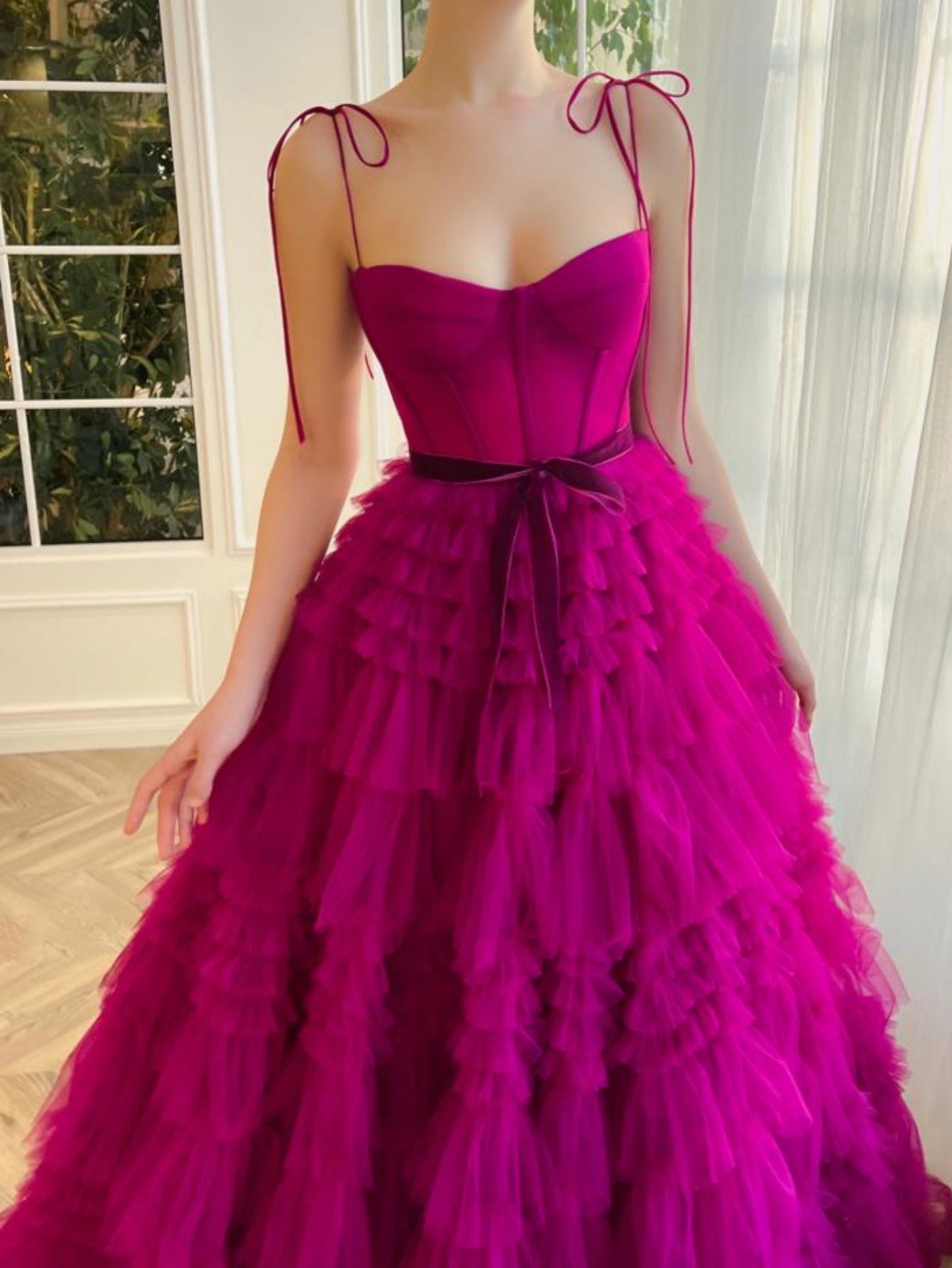 Stunning A-Line Strapless Fuchsia Tiered Long Tulle Prom Dress BM bride