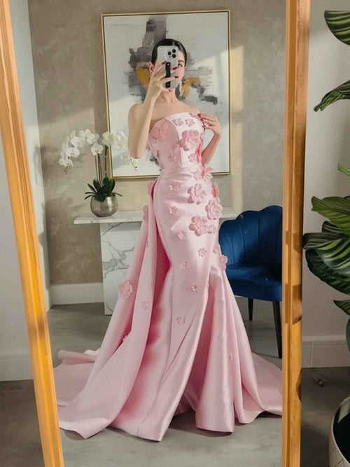 Pink A Line Satin Strapless Prom Dress with 3D Floral Appliques BMBRIDE