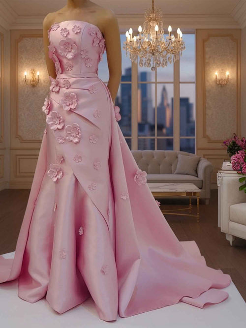 Pink A Line Satin Strapless Prom Dress with 3D Floral Appliques BMBRIDE