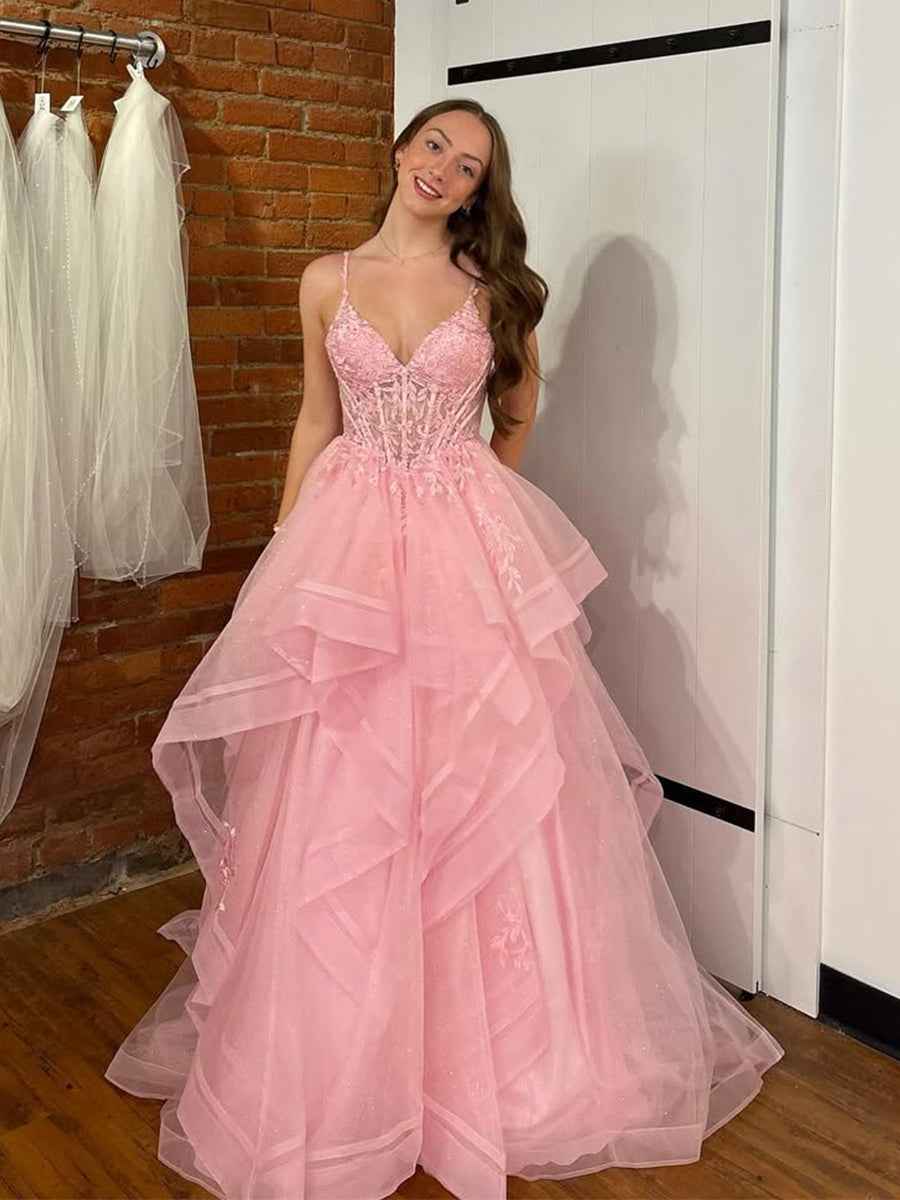 Pink A Line Tiered Tulle Long Prom Dress with Lace Appliqu¡§|