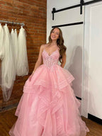 Pink A Line Tiered Tulle Long Prom Dress with Lace Appliqu¡§|