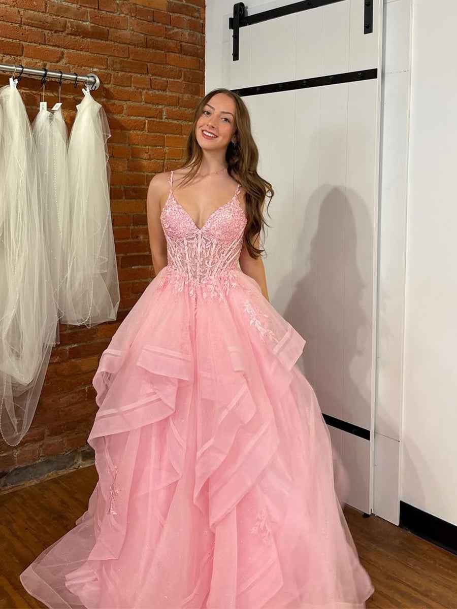 Pink A Line Tiered Tulle Long Prom Dress with Lace Appliqu¡§|