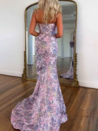 Pink Floral Brocade Metallic Accents Strapless Prom Dress with Waist Bow