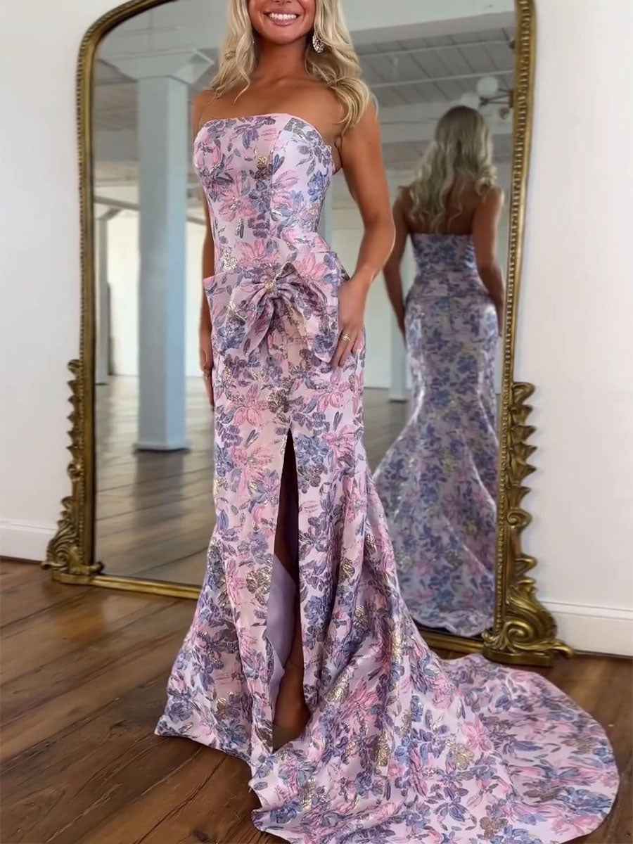Pink Floral Brocade Metallic Accents Strapless Prom Dress with Waist Bow